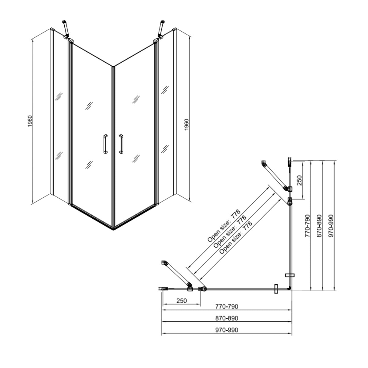 Fusion Portes de douche acces en angle pivotantes 100x80cm anticalcaire avec profilés chrome brillant (SATFUDP10080-SET)