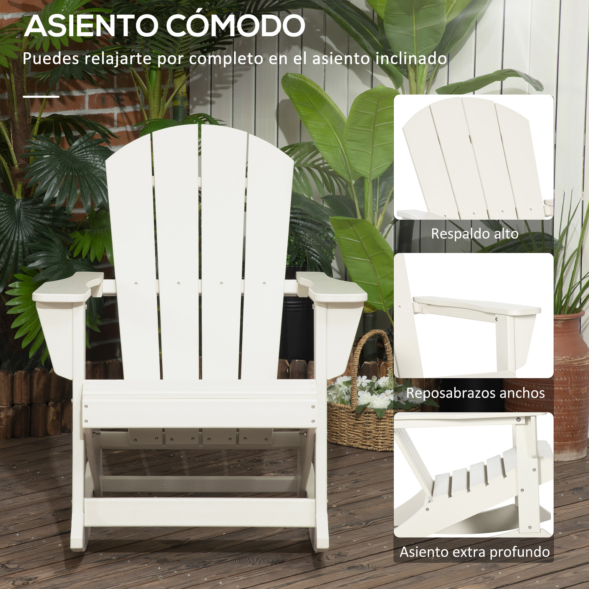 Silla Mecedora de Jardín de Estilo Adirondack para Patio 73,5x93x91,5 cm Blanco