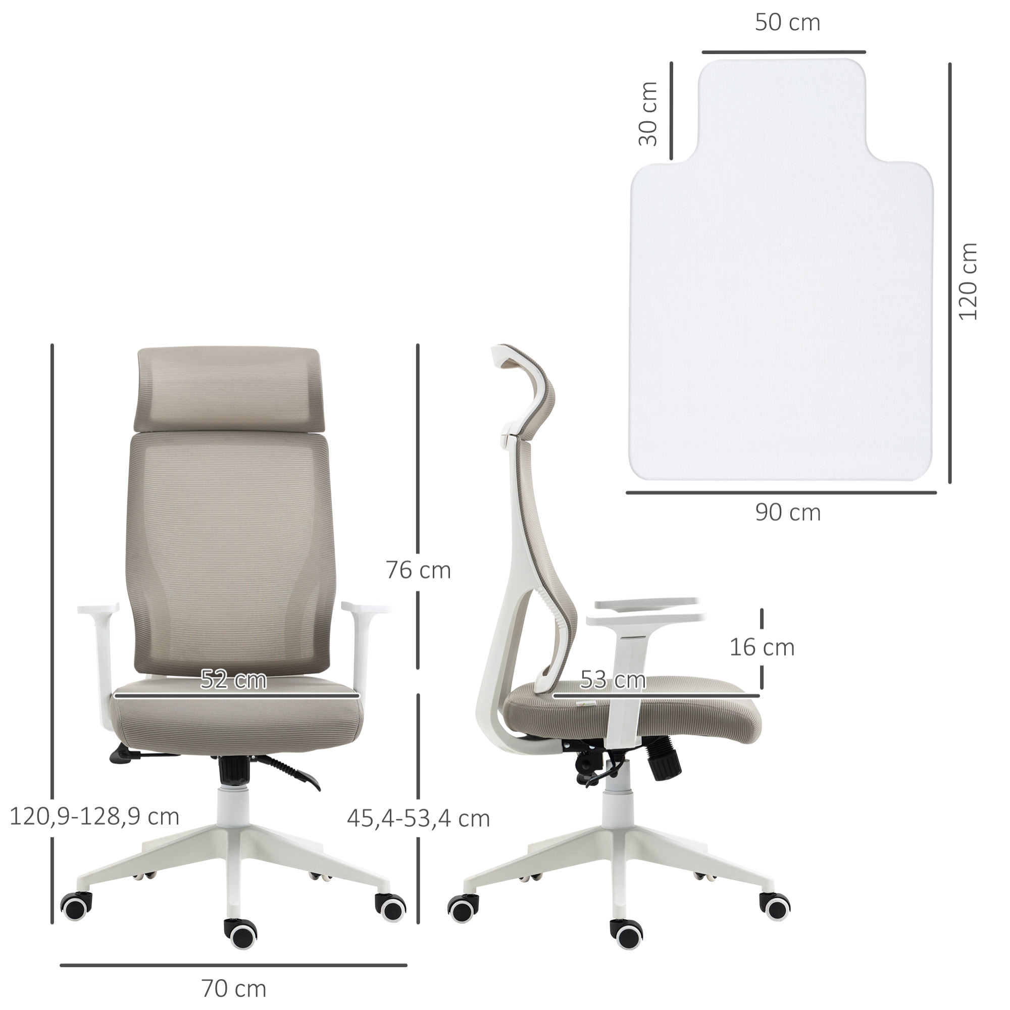 Conjunto de Oficina Incluye 1 Silla de Oficina Reclinable con Ruedas y Altura Ajustable 64x61x120,9-128,9 cm y 1 Alfombra Protectora de Suelo 90x120 cm Gris y Transparente