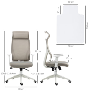 Conjunto de Oficina Incluye 1 Silla de Oficina Reclinable con Ruedas y Altura Ajustable 64x61x120,9-128,9 cm y 1 Alfombra Protectora de Suelo 90x120 cm Gris y Transparente