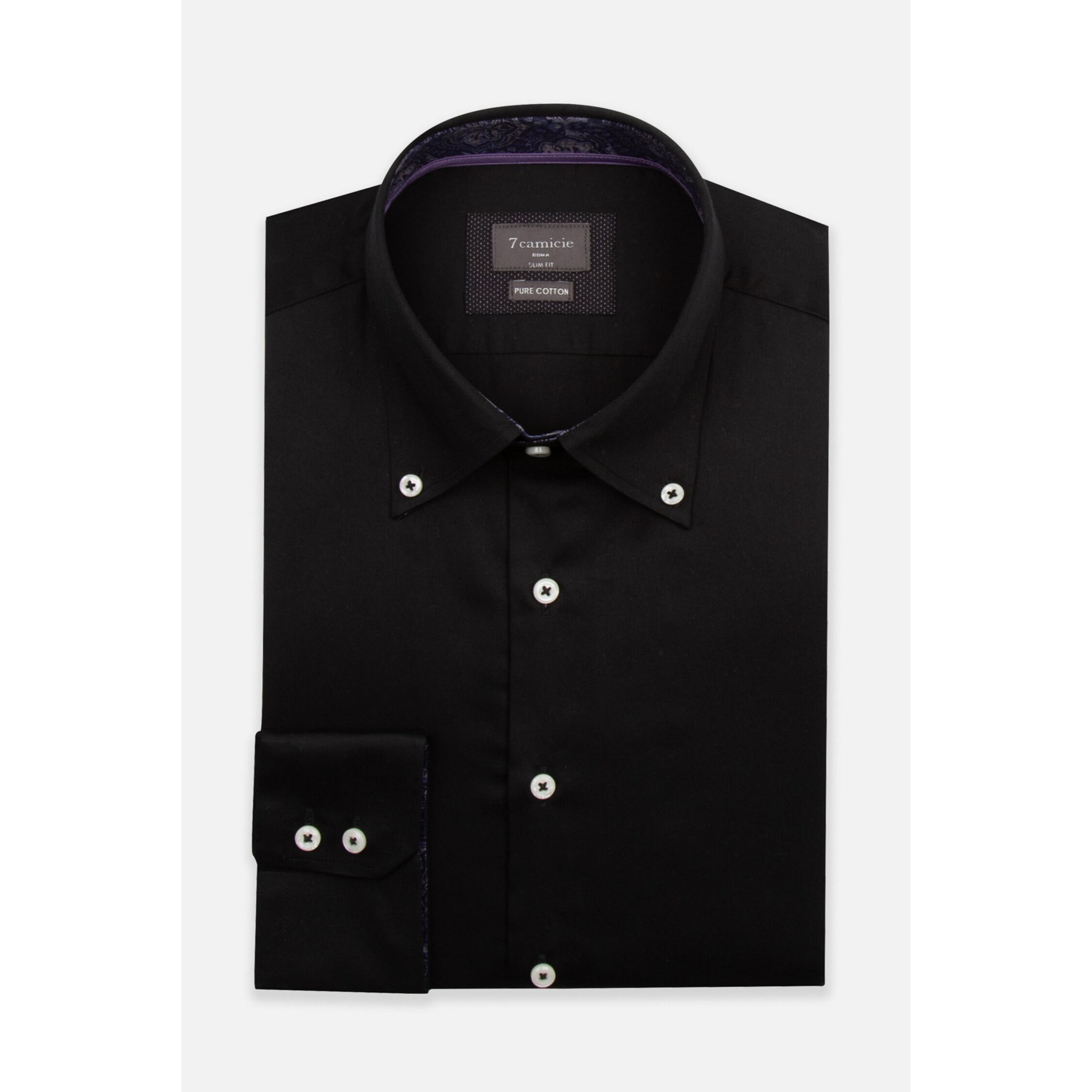 Camicia Uomo 2 Bottoni Button Down Slim Satin Unito Nero