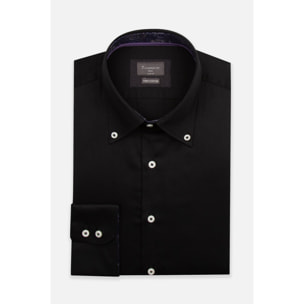 Camicia Uomo 2 Bottoni Button Down Slim Satin Unito Nero