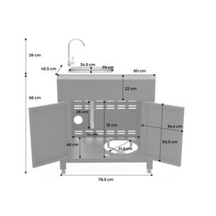 Meuble de cuisine extérieure en acier avec évier L80cm