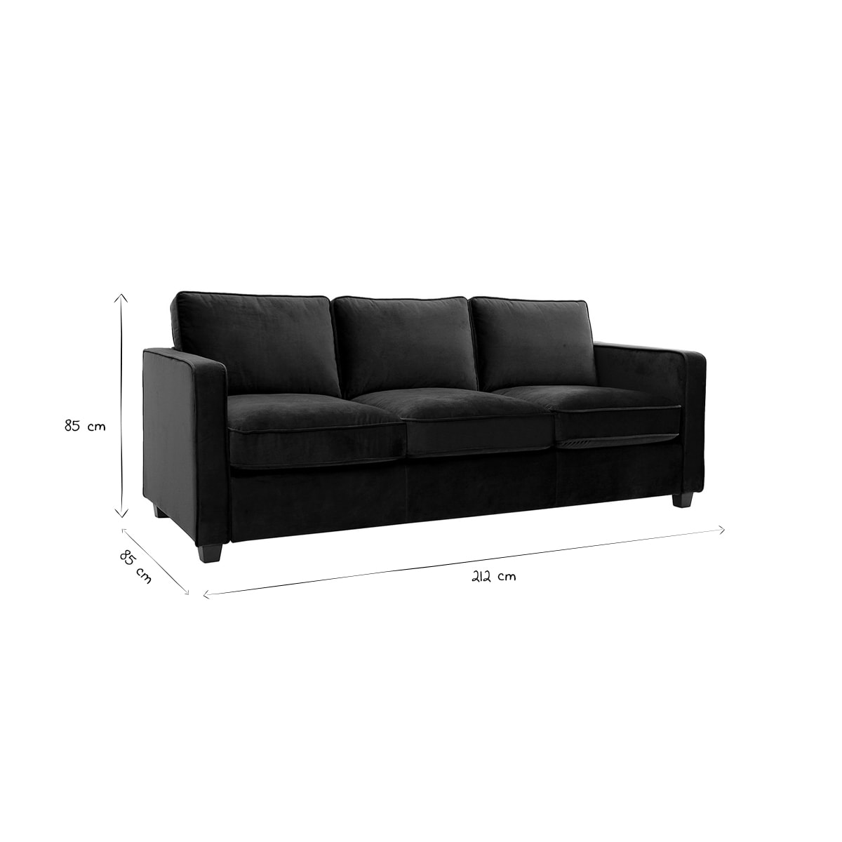 Canapé design 3 places en tissu velours bleu pétrole et bois noir BROOKLYN