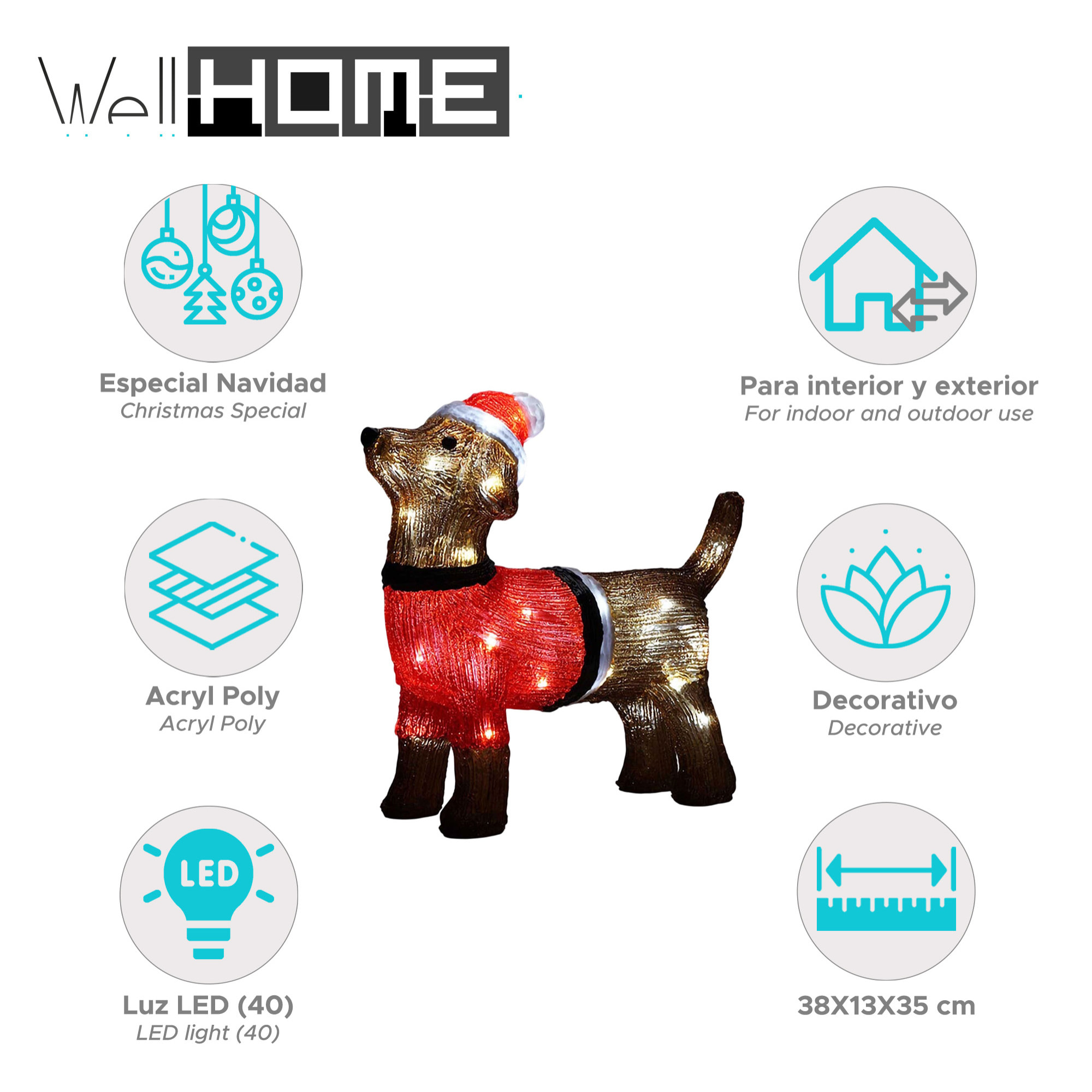 Decoración navideña de perrito de navidad con 40 luces led