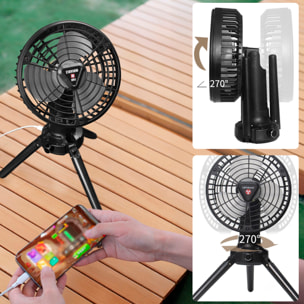 Ventilador x77 con LED con 7 luces, velocidad regulable y 3 niveles de luz. Oscilación de 120º y ángulo ajustable de 1800º. Con tripode, gancho para colgar y powerbank de 7800mAh.