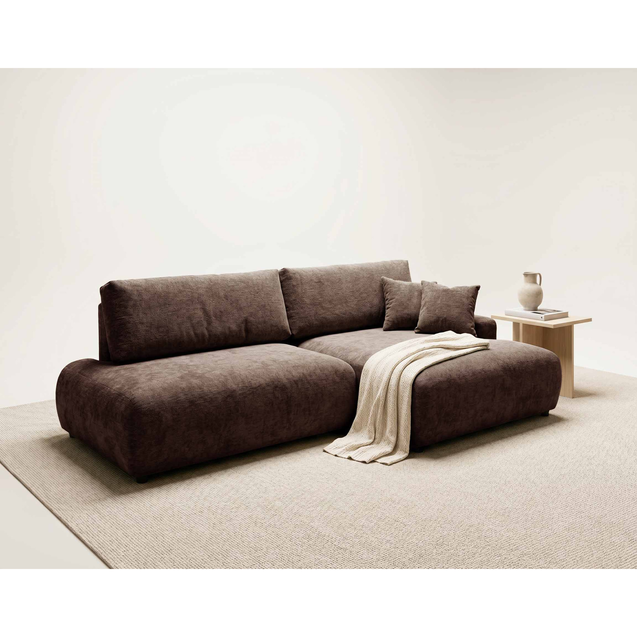 Pivoine - Canapé d'angle ouvert droit 4 places convertible avec coffre en tissu texturé - Marron