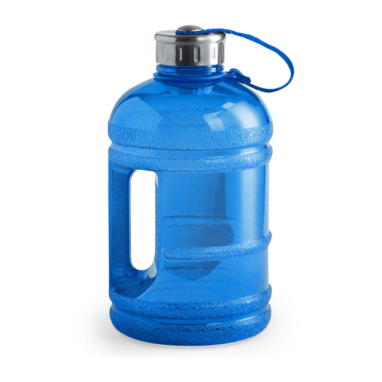 Rumper bidone in PET da 1,89L, con tappo di sicurezza in acciaio inossidabile, nastro anti-perdita e maniglia.