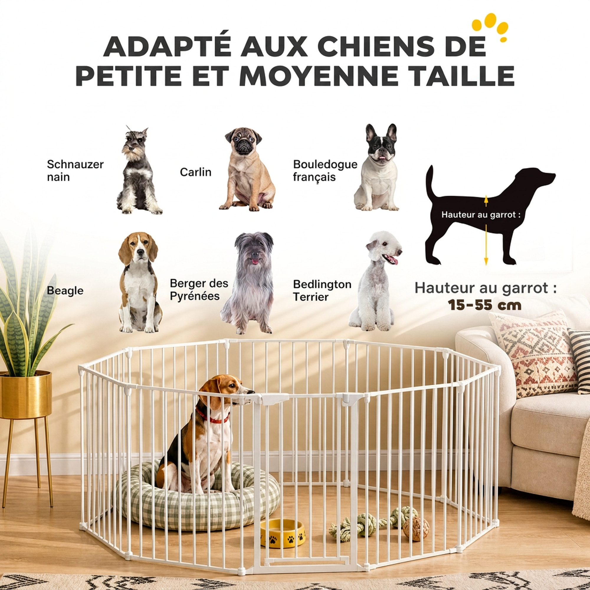 Barrière de sécurité pliable modulable max. L.610cm parc enclos 10 panneaux - porte double verrouillage - acier blanc
