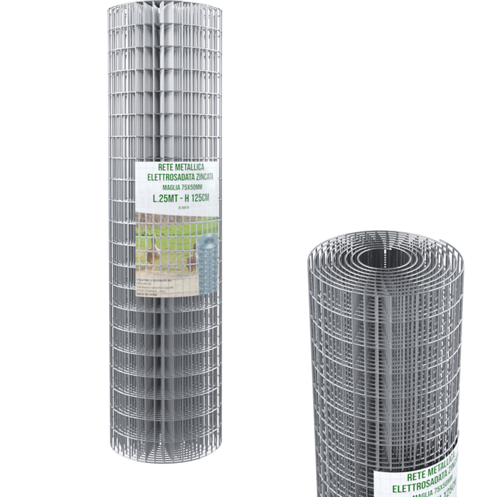 Rotolo Rete Metallica Per Recinzioni 25 M Zincata Elettrosaldata Rigida Maglia 75 x 50 mm Per Giardino Orto Piante Spazi Esterni (125 Cm)
