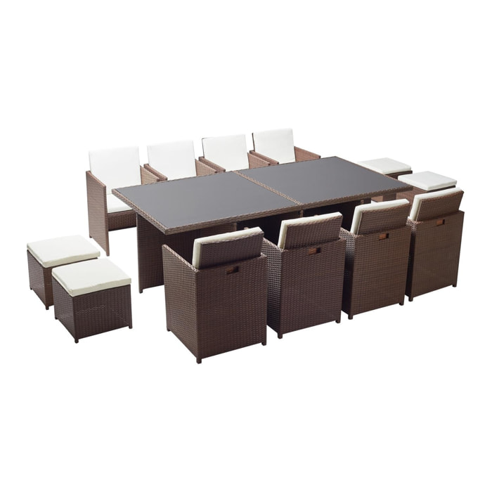 Table et chaises 12 places encastrables résine marron/blanc DALMA