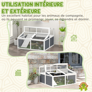 Terrarium enclos tortue 2 espaces toit polycarbonate 3 portes rampe bois gris blanc