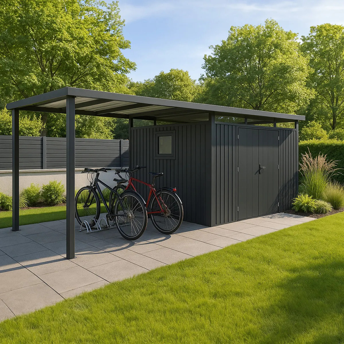 Abri de jardin métal anthracite 5.71 m² avec toit latéral – Idéal pour vélos et scooters
