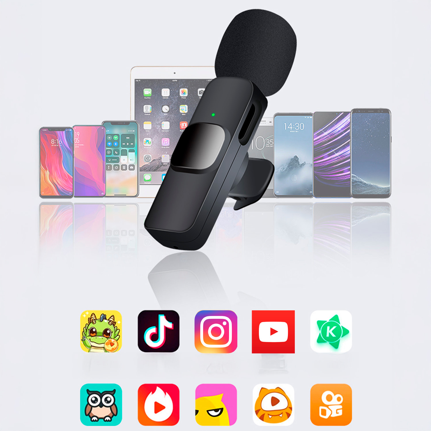 Set di 2 microfoni a clip K9, Plug & Play. Riduzione del rumore, wireless, 2.4GHz. Per iOS e Android.