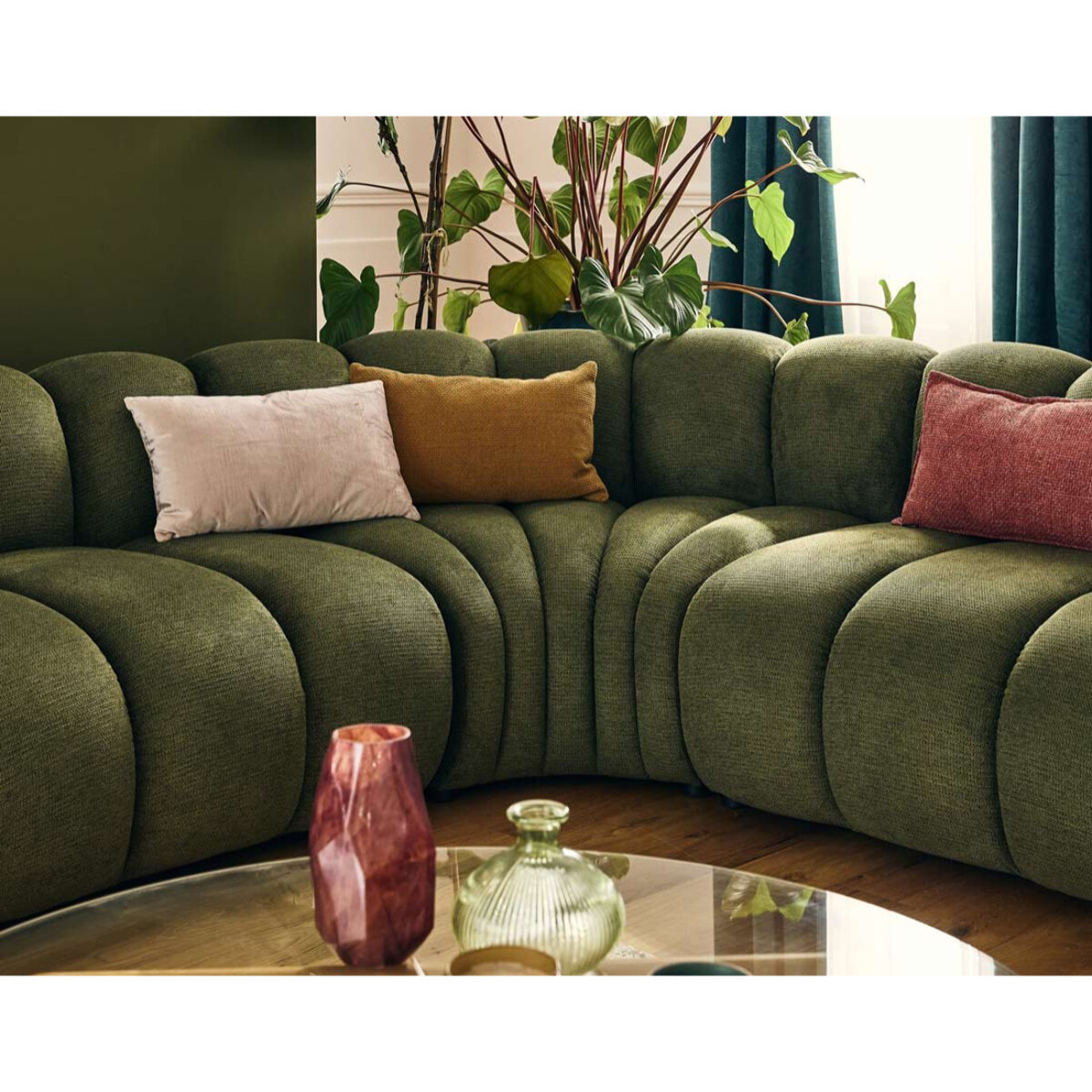 Debbie - canapé modulable d'angle droit 5 places en tissu texturé - Vert