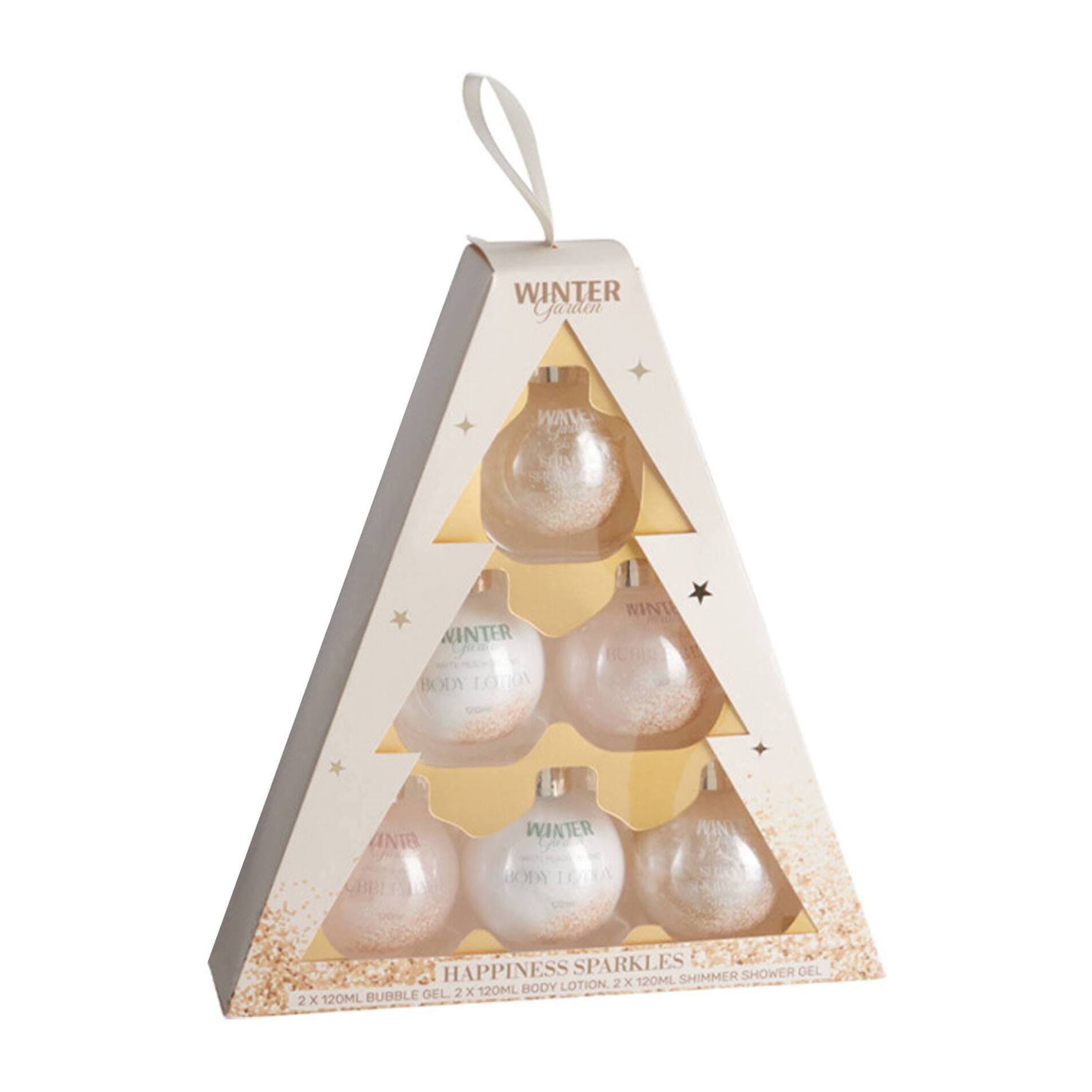 Set de regalo en forma de árbol de navidad con 6pzs de loción corporal, gel de ducha y baño de burbujas