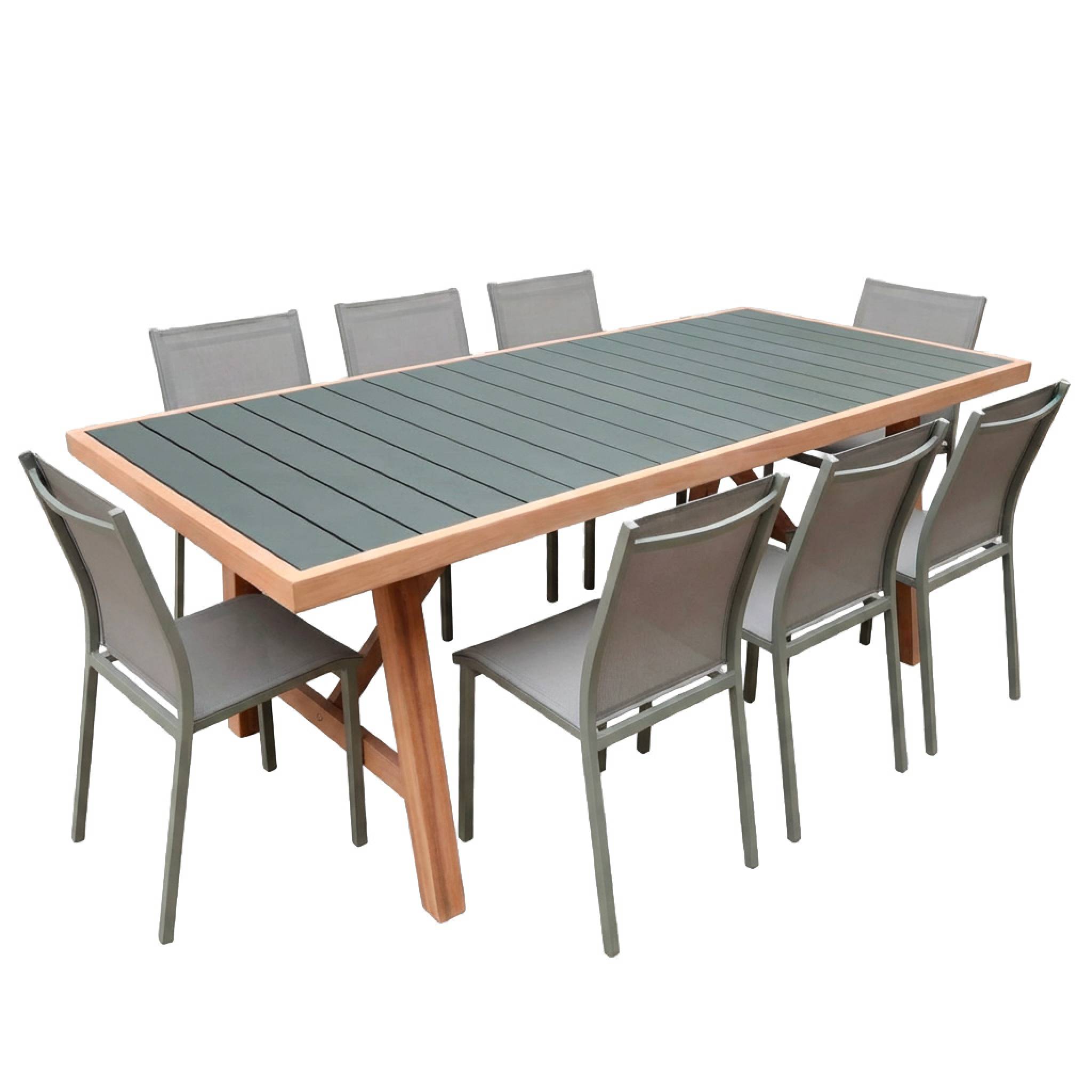 Table de jardin bois d'acacia et aluminium + 8 assises ELDORA + BUFFALO