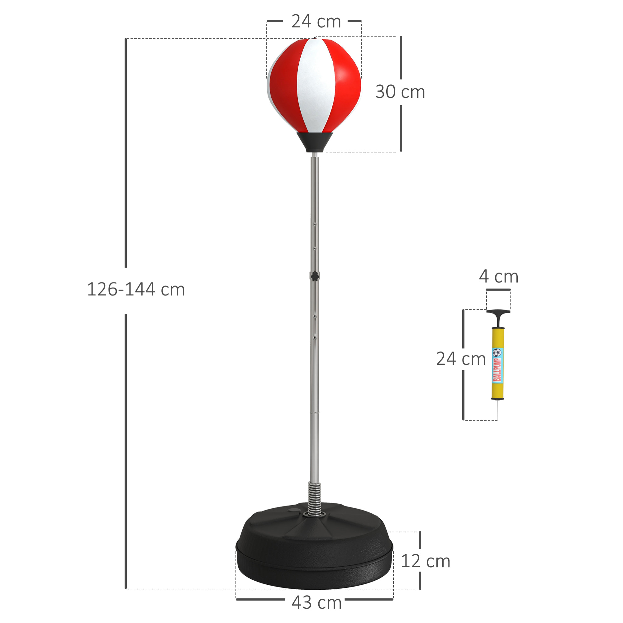 Punching ball sur pied réglable en hauteur 126-144 cm avec gants, pompe et base de lestage rouge blanc