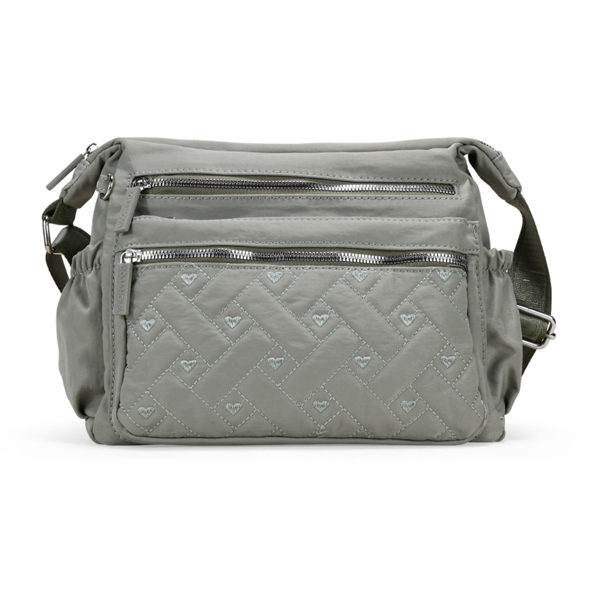 Bolso bandolera taupe con cremallera y cosido de corazones