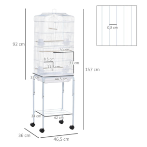 Jaula para Pájaros con Ruedas 46,5x36x157 cm Jaula Metálica de Aves con Puertas 4 Comederos 3 Perchas Bandeja Extraíble y Estante de Almacenaje para Canarios Periquitos Blanco