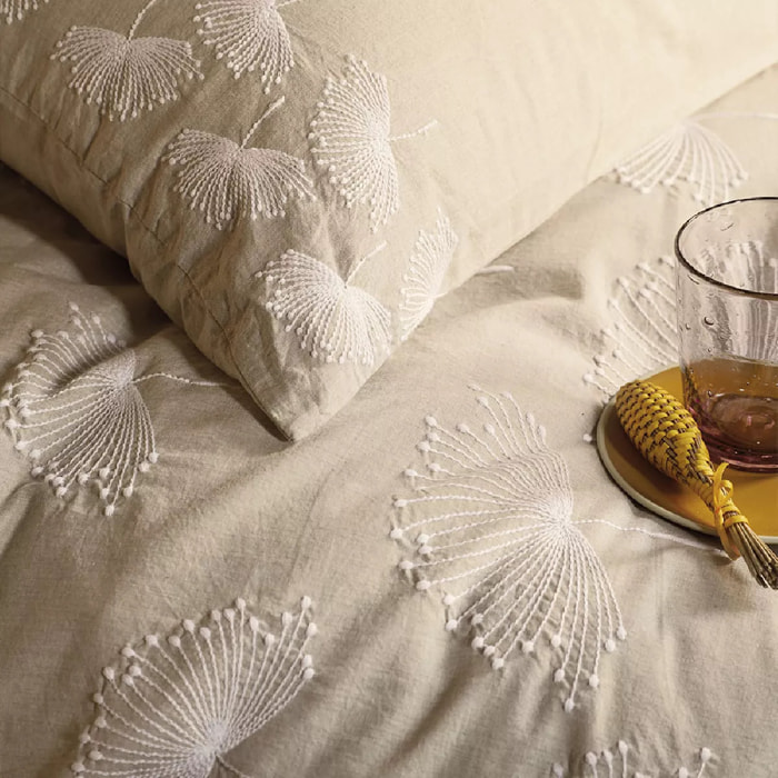 Housse de couette pur coton lavé tissé teint brodé beige Brise d'ete naturel