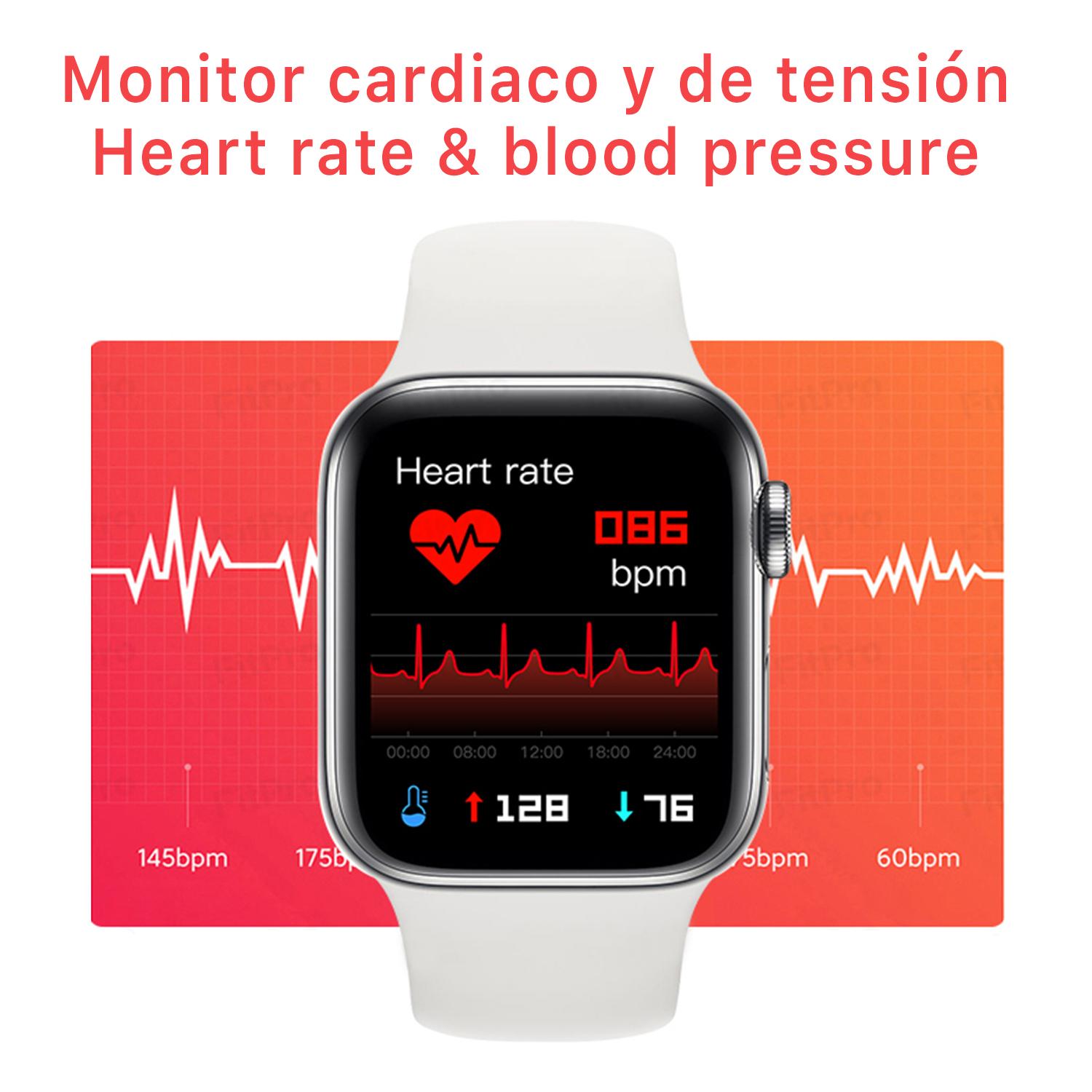 Smartwatch T900 Pro 7 con corona multifunción, monitor cardiaco y de tensión. Varios modos deportivos, notificaciones de apps.