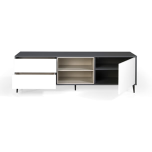 Mueble TV BASILEA - 2 cajones, 2 huecos y 1 puerta - antracita, blanco polar y visón - 180x42x55cm