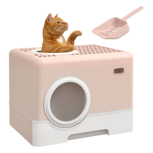 Arenero para Gatos Inodoro para Mascotas con Pala Bandeja Extraíble 2 Puertas Entrada Principal y Salida Superior 52x41x38,5 cm Rosa