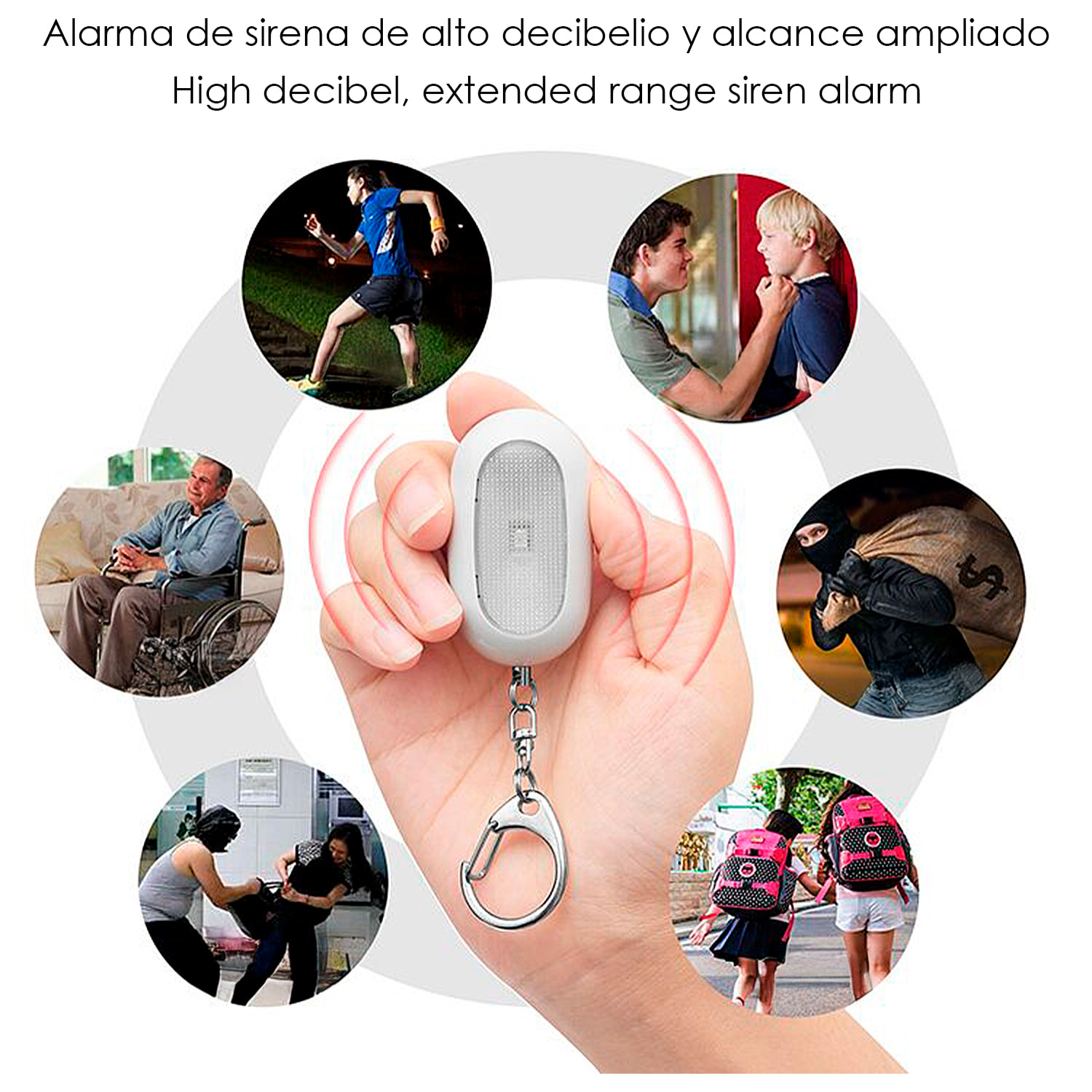 Alarma SOS personal con luz LED brillante roja con 2 modos y sonido de 125 dB.