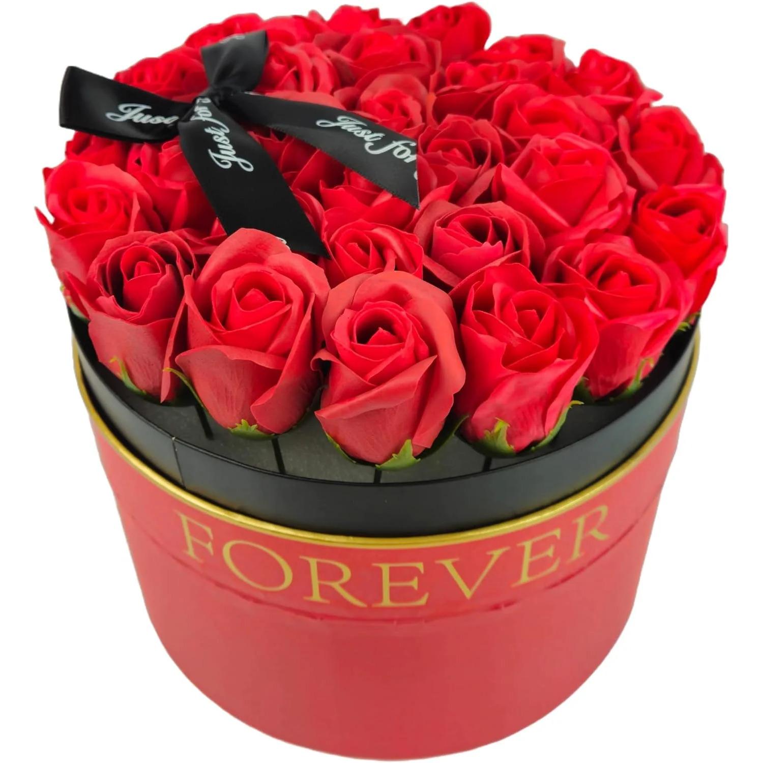 Box tondo Rose rosse artificiali bouquet di 29 rose perenni, confezione mazzo di rose per San Valentino, cm 23x23x14 scatola in cartone rosso