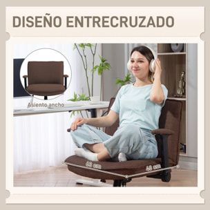 Silla de Oficina Piernas Cruzadas, Silla de Escritorio con Reposabrazos Abatible, Asiento Ancho, sin Ruedas, Altura Ajustable, Giratoria, Función Basculante, Tapizada en Lino, Marrón