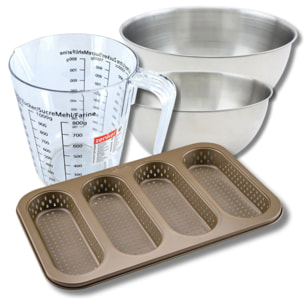 Set pâtisserie avec moule perforé 4 mini baguettes 33 x 22 cm en acier, 2 bols à mixer, verre mesureur et spatule Zenker