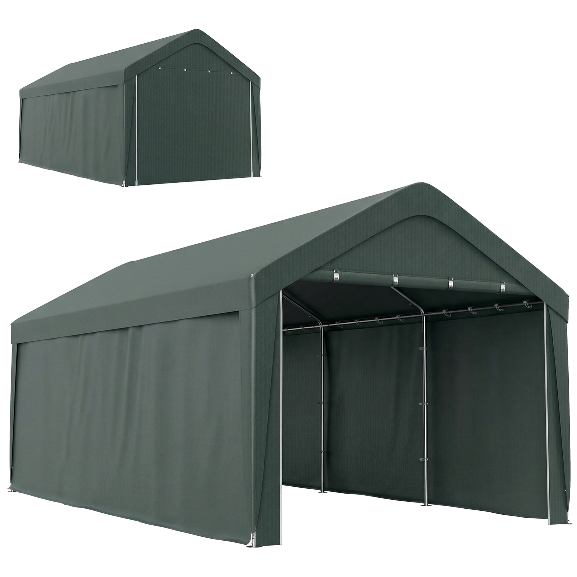 Carpa Garaje Portátil 3x6 m, Garaje Exterior para Coche Impermeable con Paredes Laterales Desmontables, Anti-UV, 2 Puertas Enrollables, Cobertizo para Herramientas de Jardín, Gris Oscuro