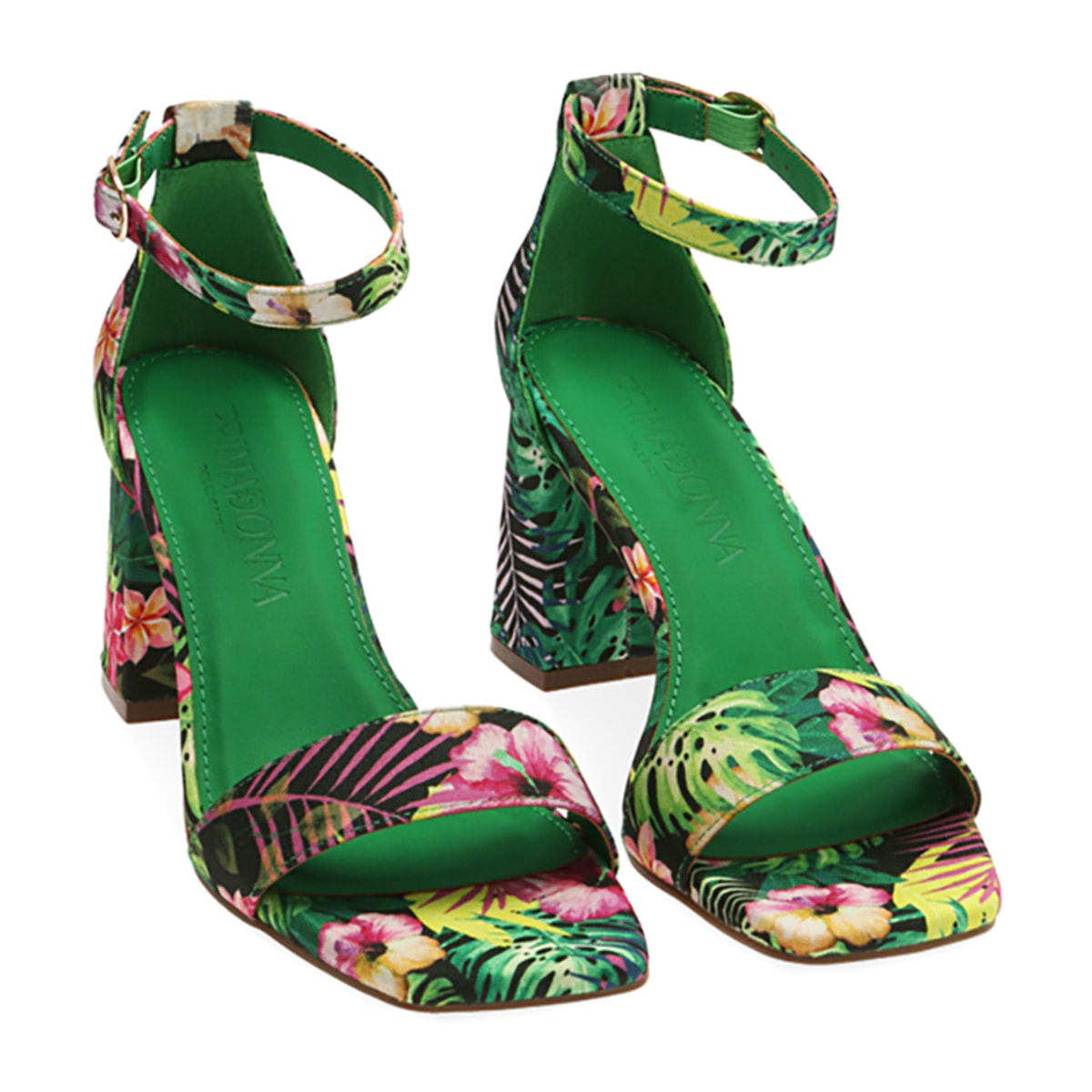 Sandalias con estampado de flores y tacón de 7 cm.