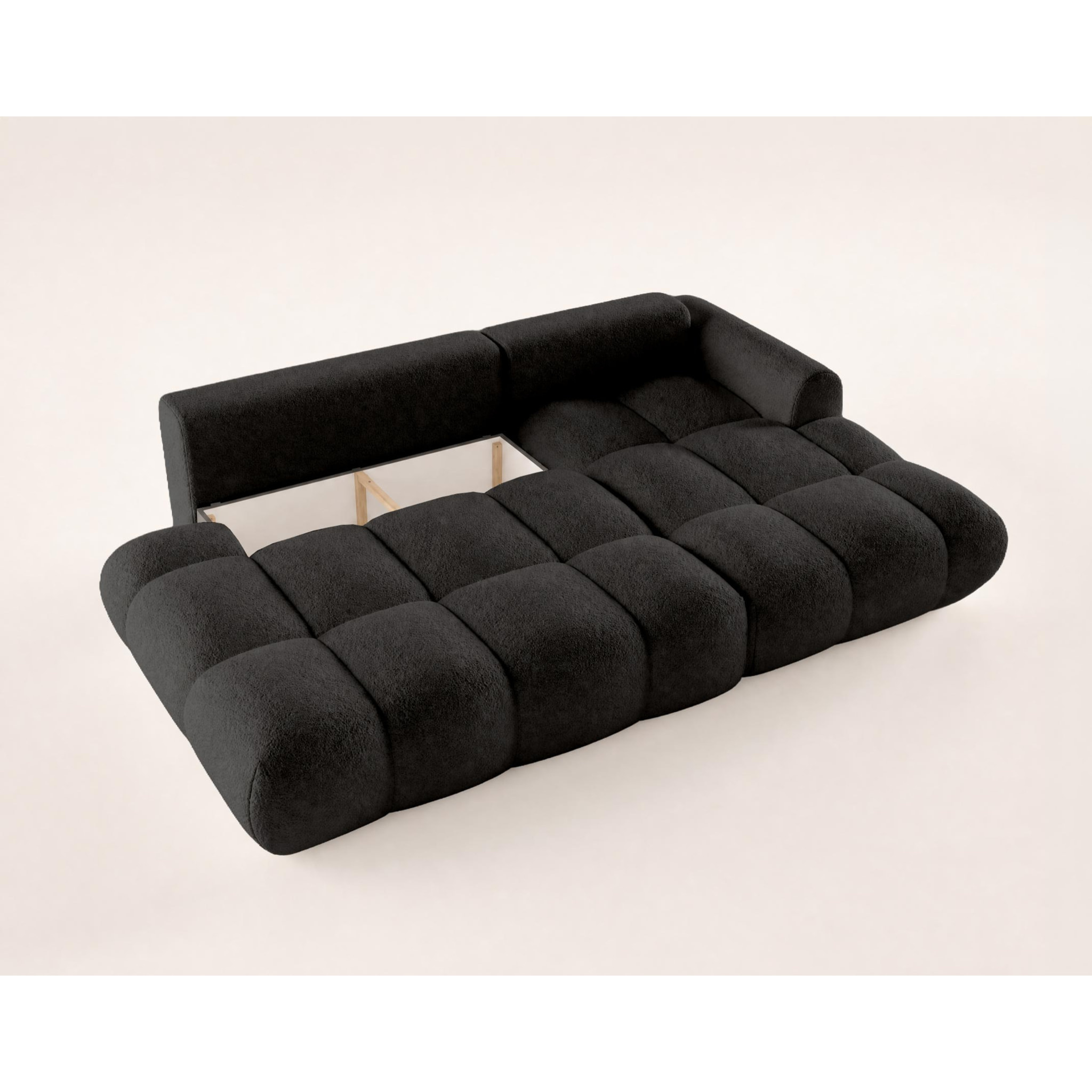 Yulin - Canapé d'angle ouvert droit 4 places convertible avec coffre en tissu bouclette - Noir
