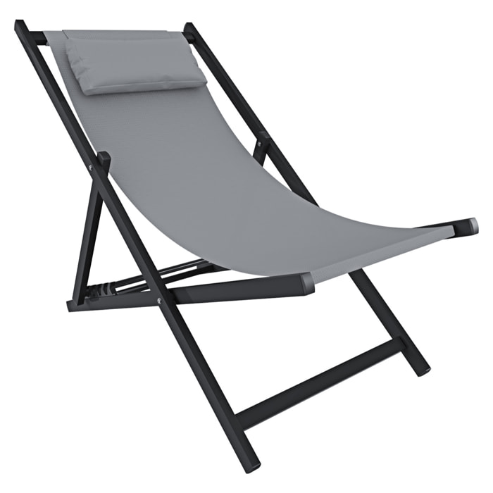 Sedia Sdraio Leggera Da Giardino Schienale Regolabile 5 Posizioni Pieghevole Con Cuscino Struttura Nera In Alluminio Portata Massima 160 Kg Grigio