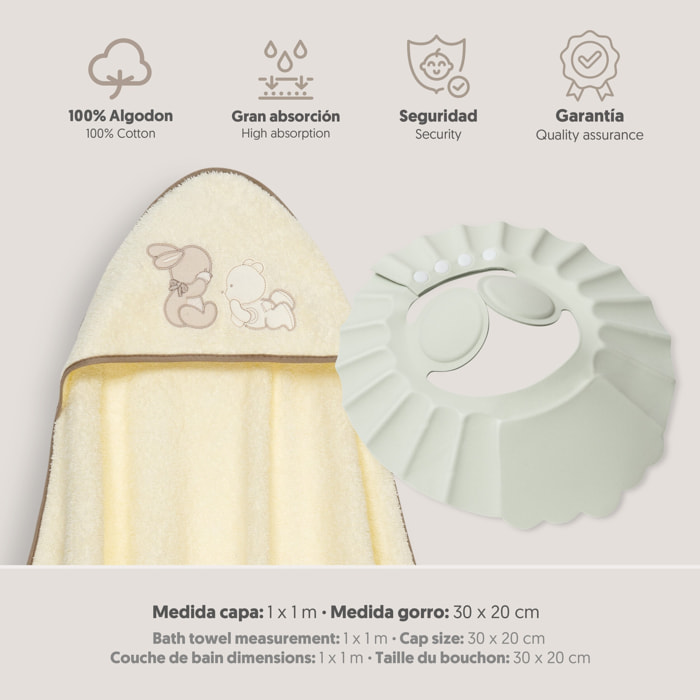 Capa Baño 1X1 Mod Oso Tumbado Conejito+Gorro Beig