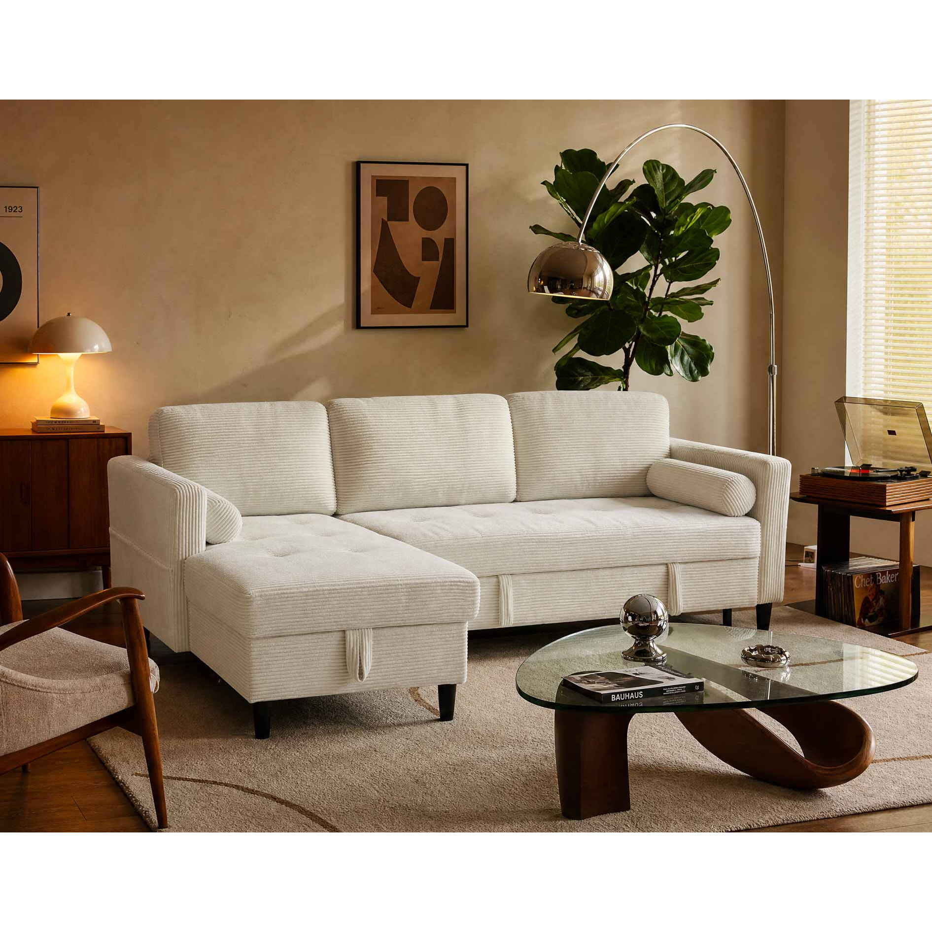 Marceau - Canapé d'angle réversible 4 places convertible avec coffre en velours côtelé - Beige