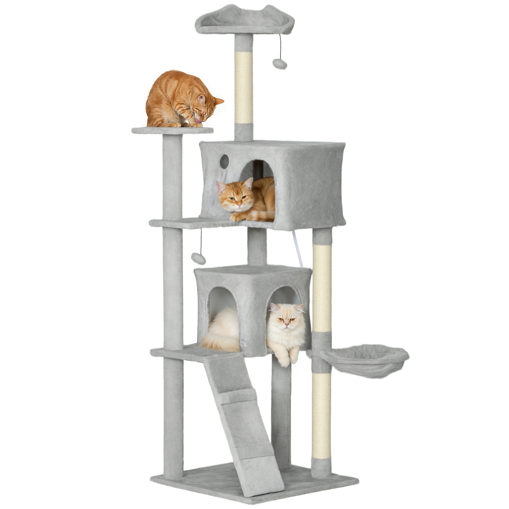 Árbol Rascador para Gatos, Árbol para Gatos 180 cm, Torre Escalador con Múltiples Plataformas, Cama, 2 Cuevas, Hamaca, Escalera, Postes de Sisal, Bolas para Jugar, Gris Claro