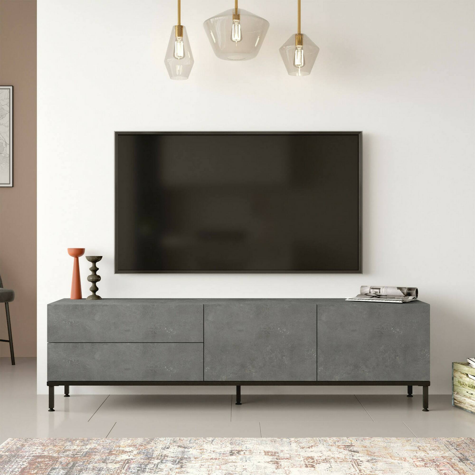 Mobile porta TV Basyang, Credenza da soggiorno, Armadio basso per TV, Base parete attrezzata, 170x36h46 cm, Argento e Nero