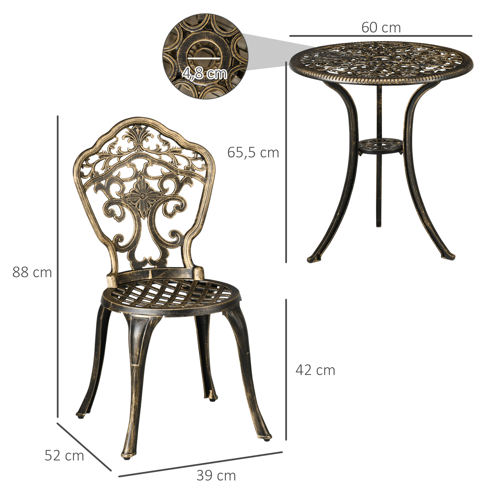 Ensemble bistrot de jardin 2 personnes 3 pièces aluminium aspect fer forgé bronze vieilli