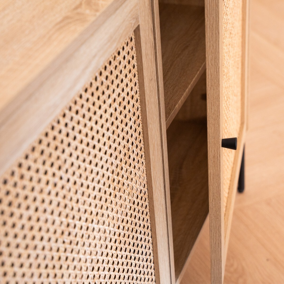 Buffet 3 portes en cannage et effet chêne - IRIS