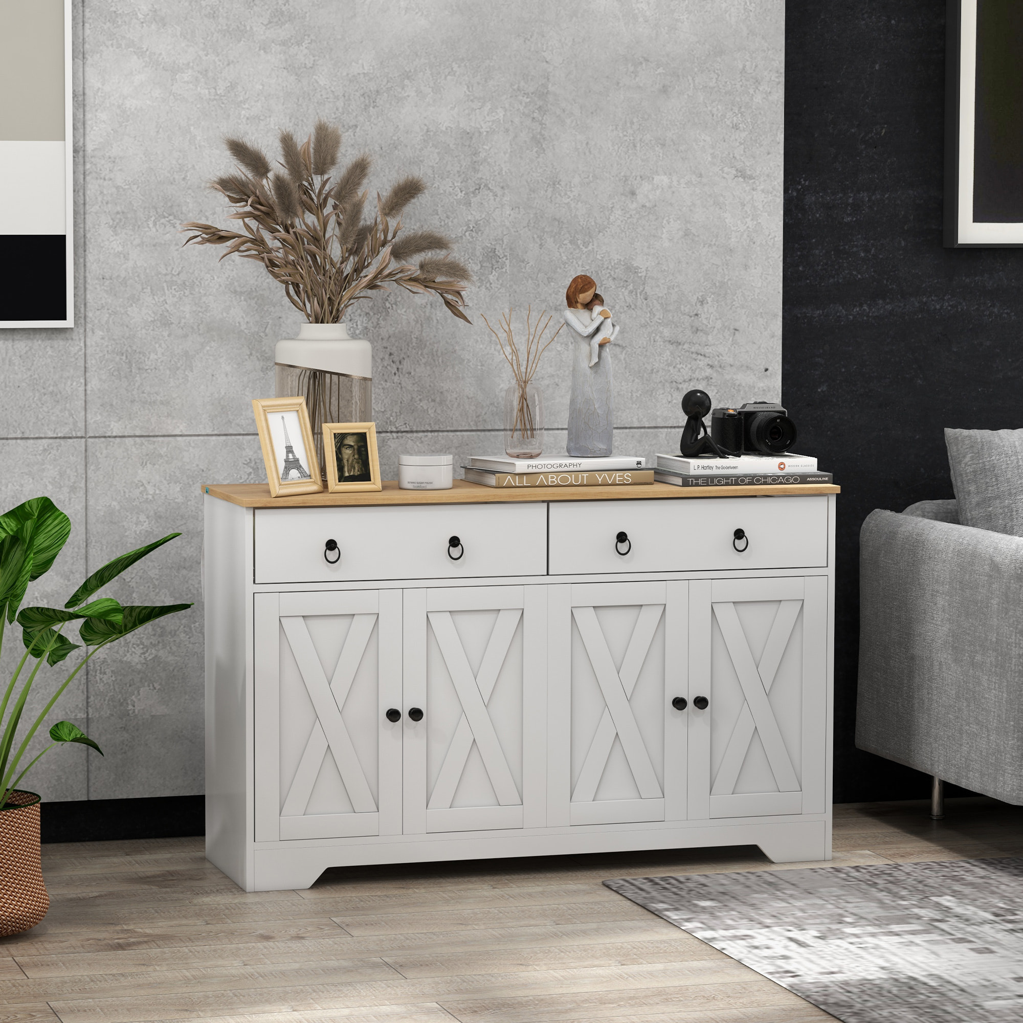 Buffet 2 portes 2 étagères 2 tiroirs style rural chic façades portes à croisillons poignées anneaux métal noir blanc aspect bois