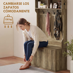 Perchero Zapatero, Perchero Recibidor con 2 Puertas, Estantes Abiertos, 6 Ganchos, para Pasillo, Dormitorio, Salón, Estilo Moderno, 100x38x172 cm, Roble