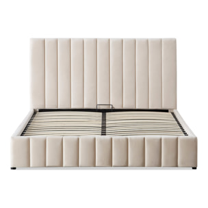 Lit Coffre Trocadéro en Velours Beige, Grand espace de Rangement, Tête de Lit Rembourrée, Sommier à Lattes Actives, Robuste et Confortable