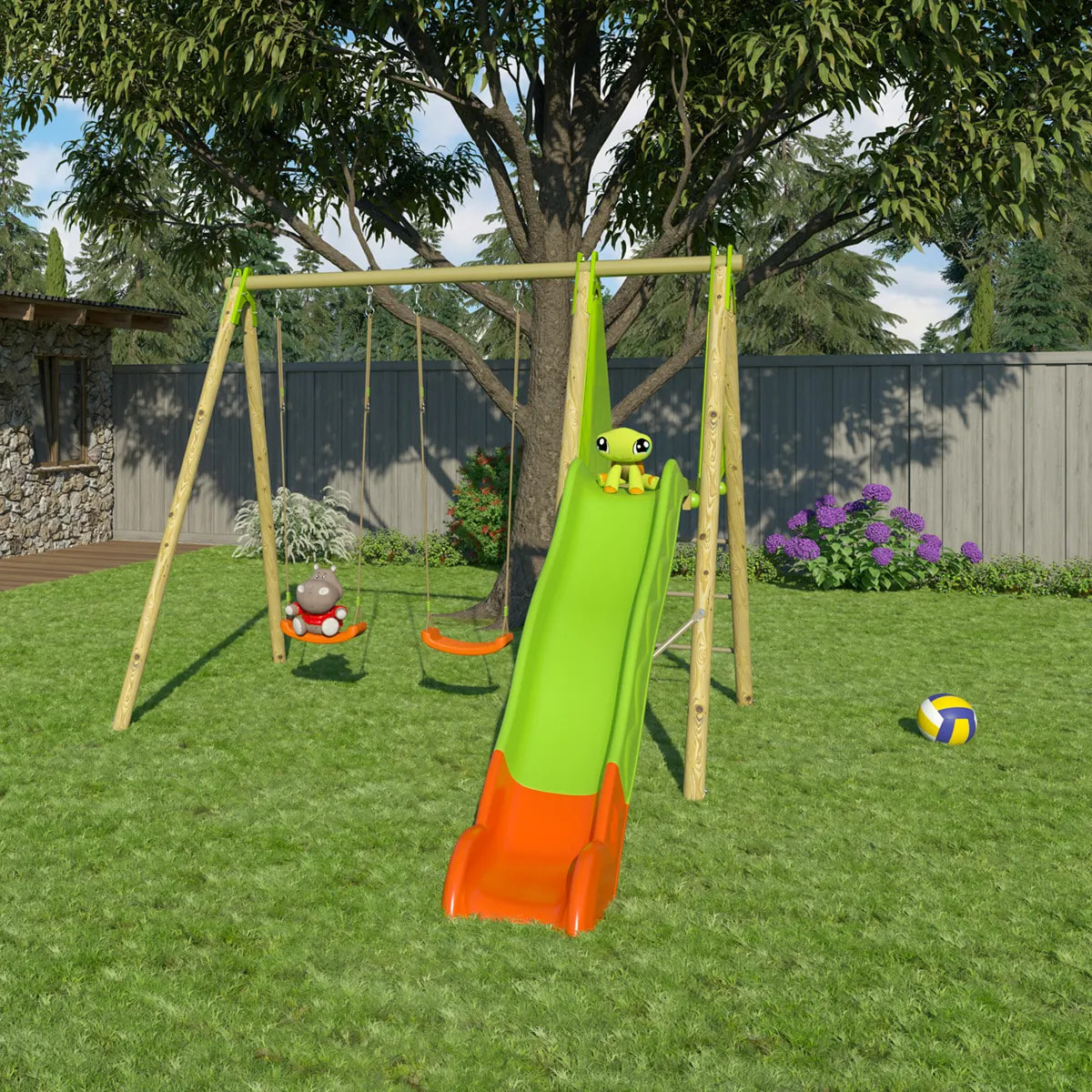 Balançoire en bois poutre métal 2,30 m Techwood ARROBA - 4 enfants
