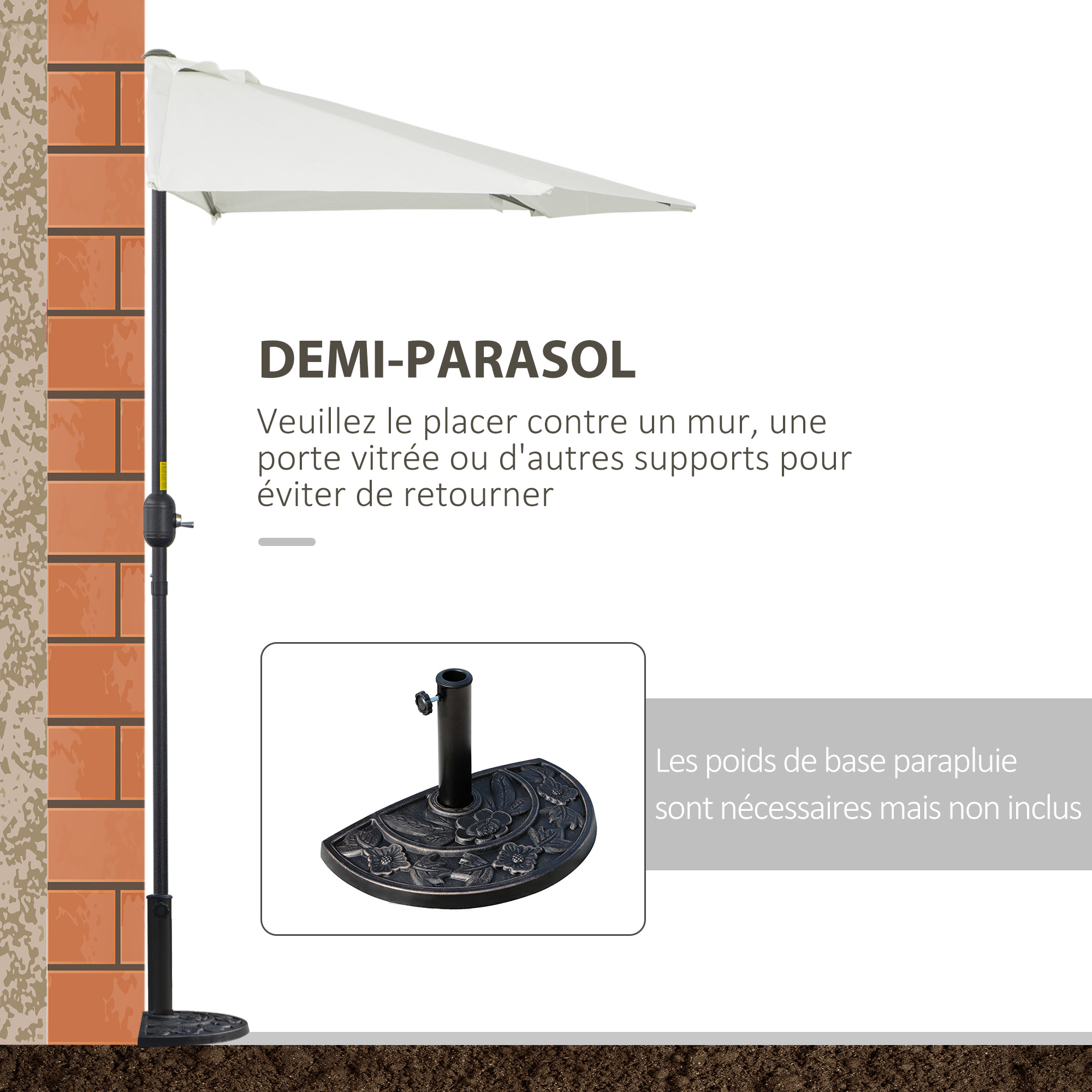 Demi parasol, parasol de balcon 5 entretoises métal polyester 2,69L x 1,38l x 2,36H m crème