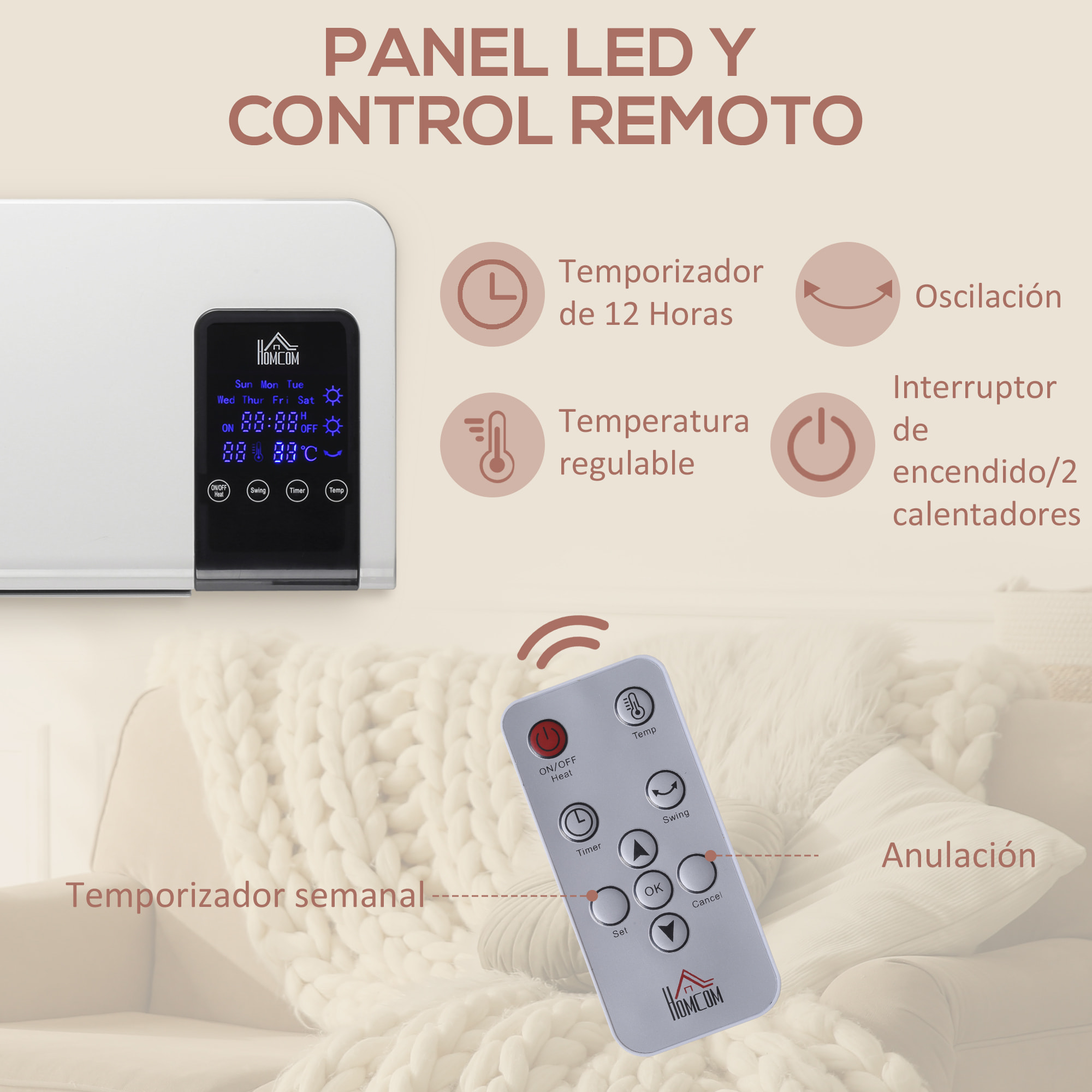 Calefactor Eléctrico de Pared 1000W/2000W con Mando a Distancia 54,5x12x21,5 cm