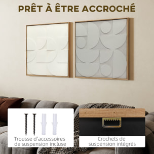 Lot de 2 tableaux murales 3D texturés gris blanc - tableaux décoratifs en relief 80 x 80 cm - cadre effet bois