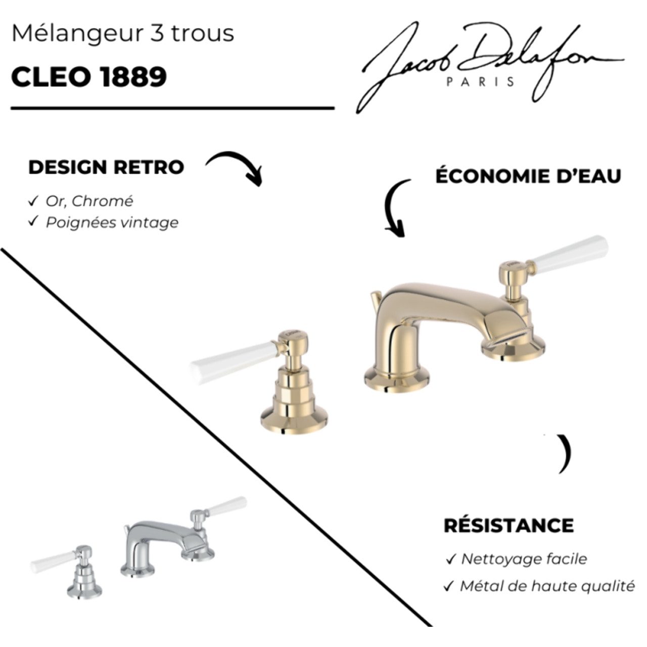 Mélangeur 3 trous JACOB DELAFON Cléo 1889 poignées